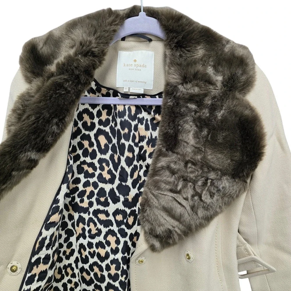 Kate Spade Briella‎ Wool Blend Belted Coat Faux Fur Collar Leopard Lined Winter